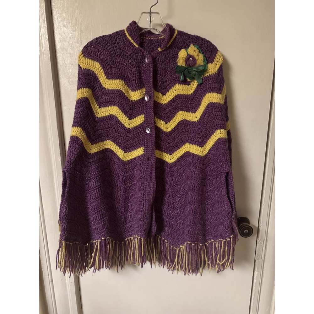 Vintage Purple And Yellow Chevron Pattern Handmade Poncho‎